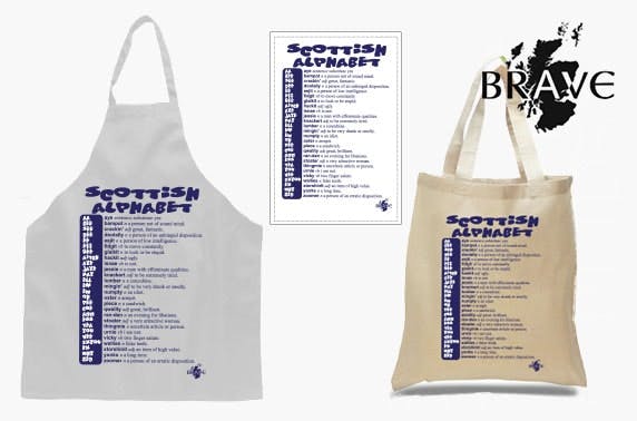 Scottish alphabet apron, tea towel and tote bag gift set